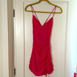 Hot pink mini dress with ruching and criss-cross adjustable straps